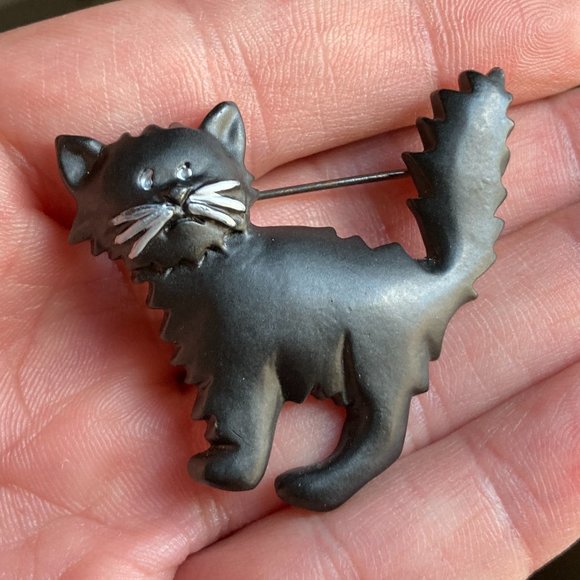 Vintage Jewelry - Brooch Vintage Retro Black Cat with Hair Standing Up, Feline Halloween, Women's